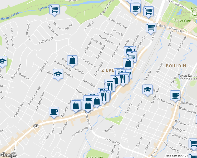 map of restaurants, bars, coffee shops, grocery stores, and more near 1516 Kinney Avenue in Austin