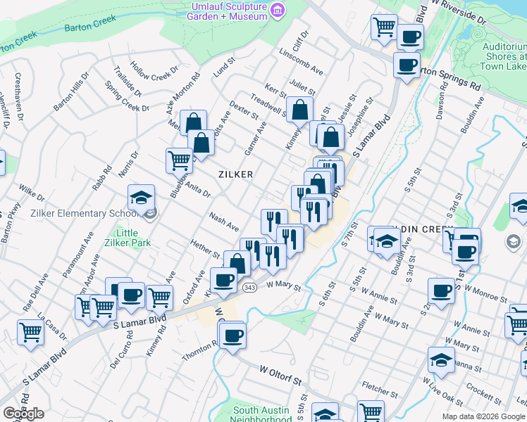 map of restaurants, bars, coffee shops, grocery stores, and more near 1601 Kinney Avenue in Austin