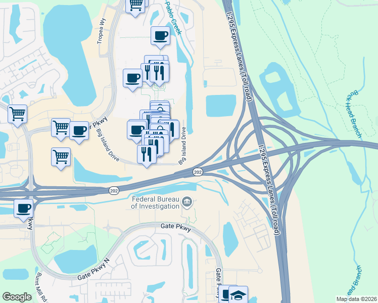 map of restaurants, bars, coffee shops, grocery stores, and more near 5290 Big Island Drive in Jacksonville