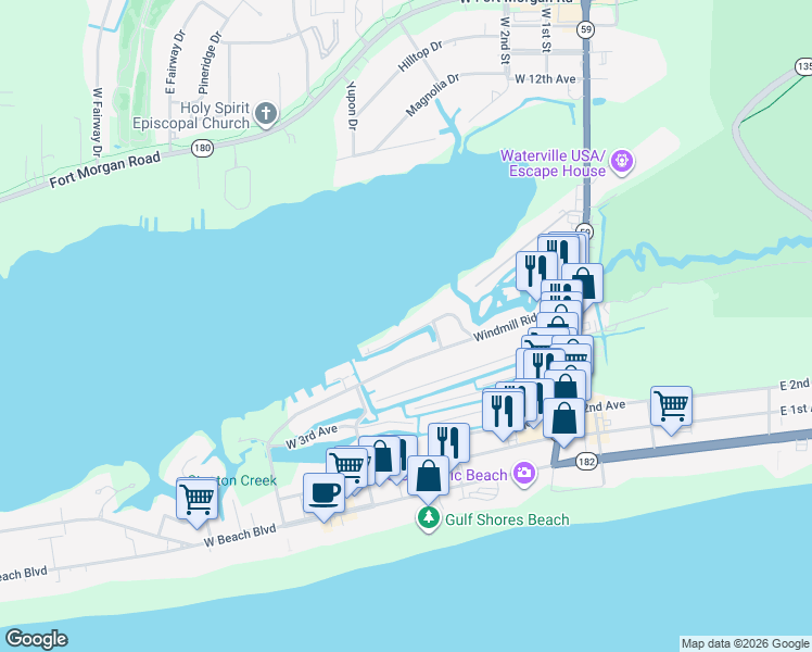 map of restaurants, bars, coffee shops, grocery stores, and more near 312 Sunrise Drive in Gulf Shores