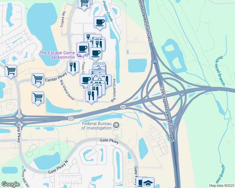 map of restaurants, bars, coffee shops, grocery stores, and more near 5290 Big Island Drive in Jacksonville