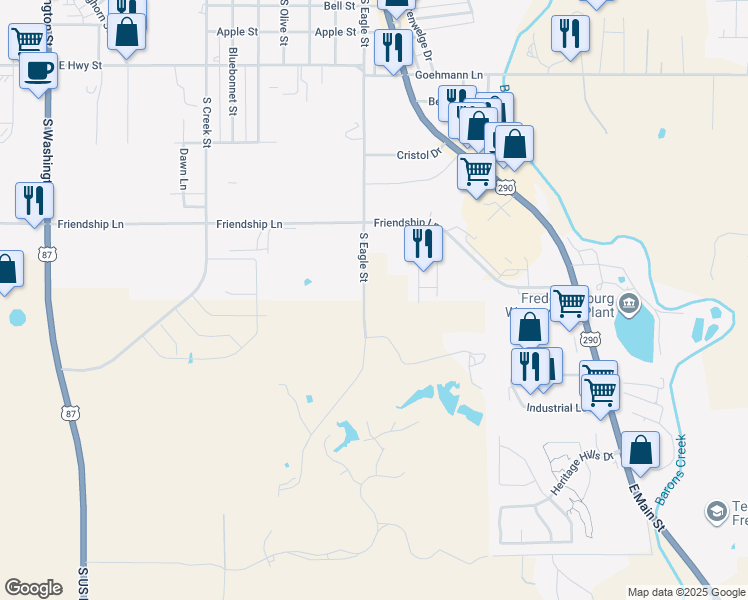 map of restaurants, bars, coffee shops, grocery stores, and more near 985 South Eagle Street in Fredericksburg