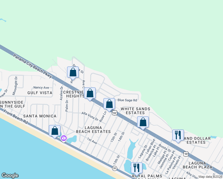 map of restaurants, bars, coffee shops, grocery stores, and more near 315 Blue Sage Road in Panama City Beach