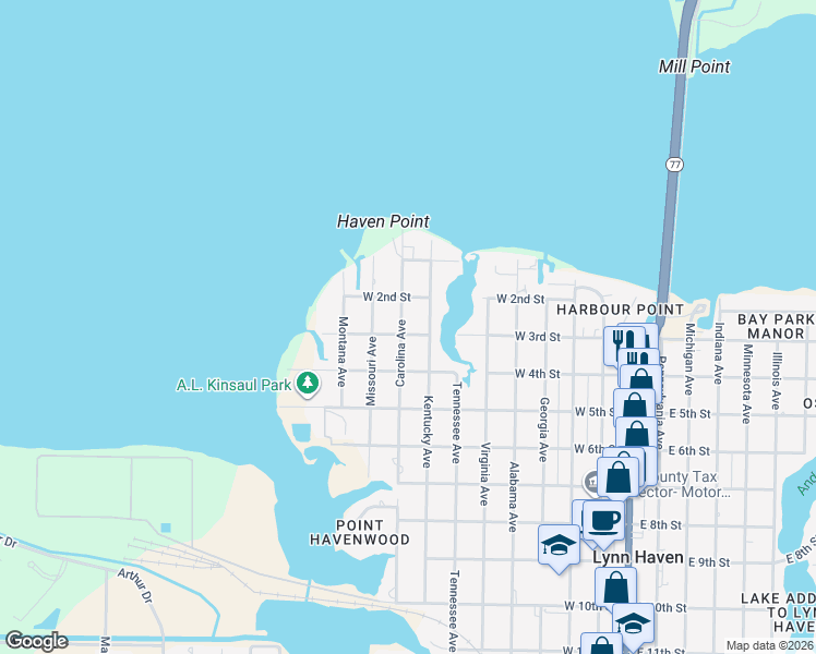 map of restaurants, bars, coffee shops, grocery stores, and more near 211 Carolina Avenue in Lynn Haven