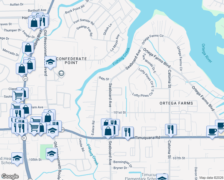 map of restaurants, bars, coffee shops, grocery stores, and more near 5656 Kimbrell Drive North in Jacksonville