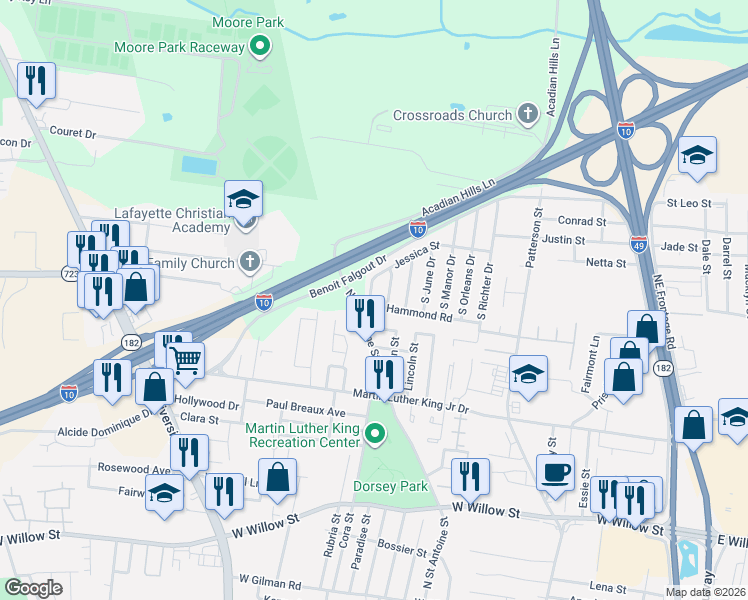 map of restaurants, bars, coffee shops, grocery stores, and more near 619 Jessica St in Lafayette