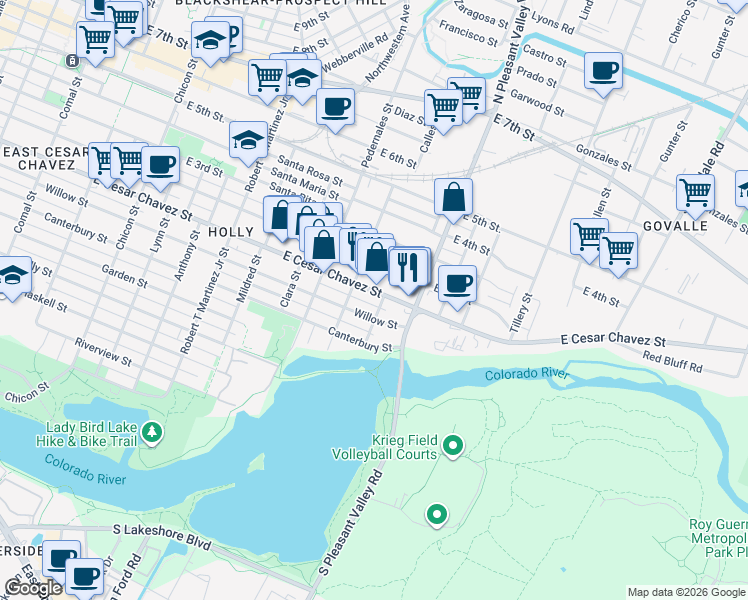 map of restaurants, bars, coffee shops, grocery stores, and more near 2613 East Cesar Chavez Street in Austin