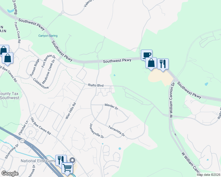 map of restaurants, bars, coffee shops, grocery stores, and more near 7701 Rialto Boulevard in Austin