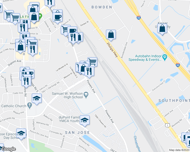 map of restaurants, bars, coffee shops, grocery stores, and more near 6737 Powers Avenue in Jacksonville