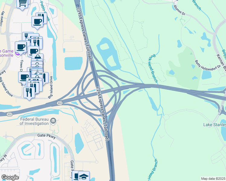 map of restaurants, bars, coffee shops, grocery stores, and more near Highway 202 in Jacksonville