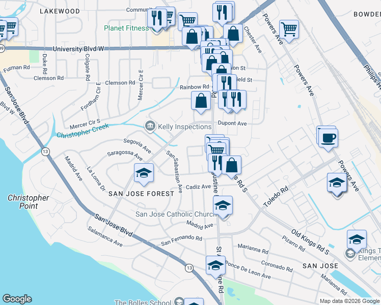 map of restaurants, bars, coffee shops, grocery stores, and more near 6802 Caballero Drive in Jacksonville