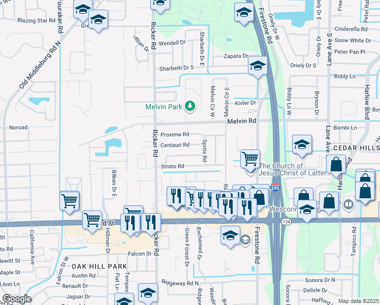 map of restaurants, bars, coffee shops, grocery stores, and more near 7418 Centauri Road in Jacksonville