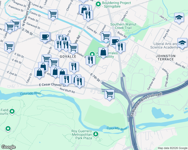 map of restaurants, bars, coffee shops, grocery stores, and more near 703 Shady Lane in Austin