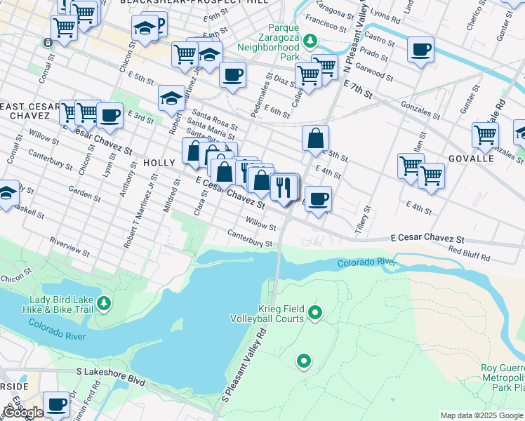 map of restaurants, bars, coffee shops, grocery stores, and more near 2613 East Cesar Chavez Street in Austin