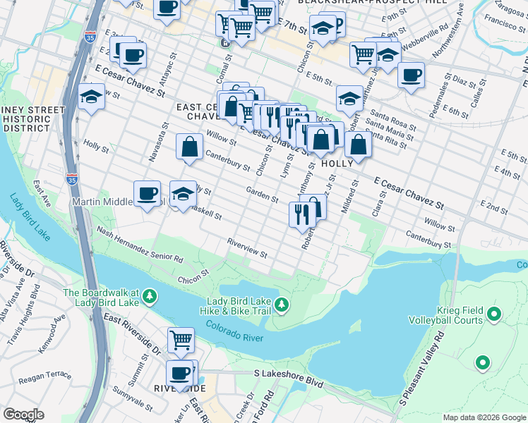 map of restaurants, bars, coffee shops, grocery stores, and more near 64 Lynn Street in Austin