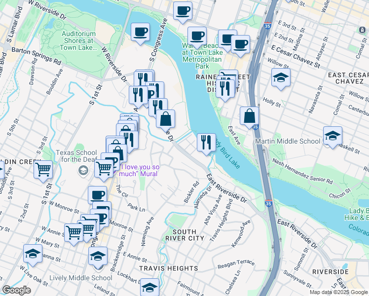 map of restaurants, bars, coffee shops, grocery stores, and more near 500 East Riverside Drive in Austin