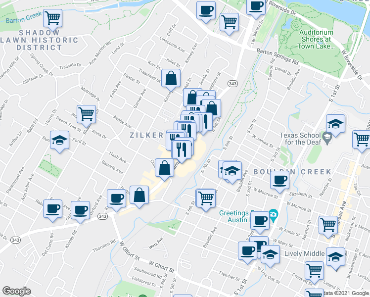 map of restaurants, bars, coffee shops, grocery stores, and more near 1342 Lamar Square Drive in Austin