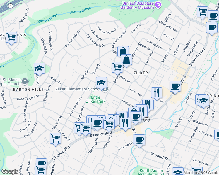 map of restaurants, bars, coffee shops, grocery stores, and more near 2001 Ford Street in Austin