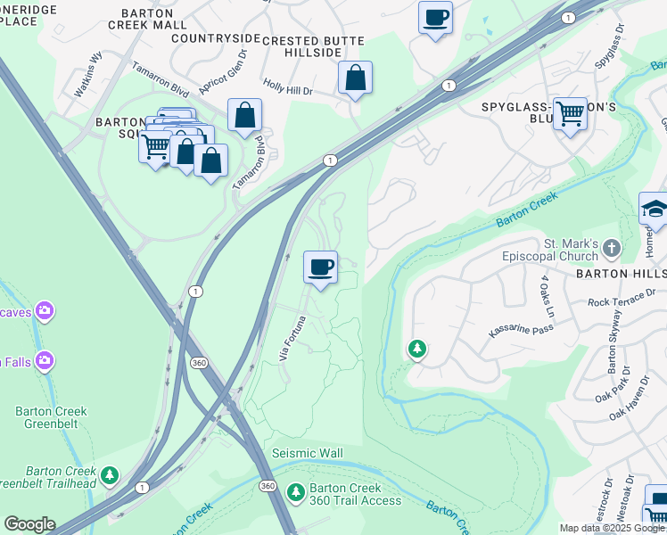map of restaurants, bars, coffee shops, grocery stores, and more near 2301 South MoPac Expressway in Austin