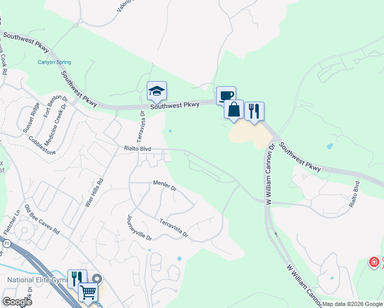 map of restaurants, bars, coffee shops, grocery stores, and more near 7500 Rialto Boulevard in Austin