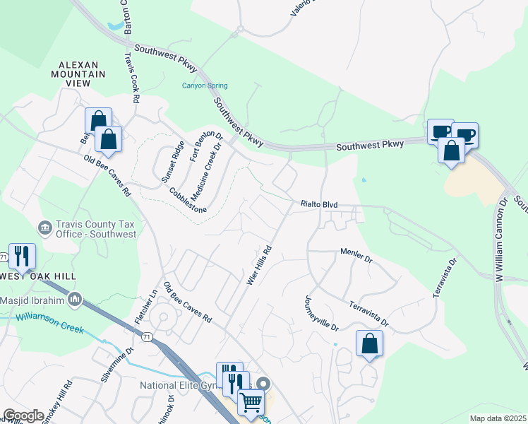 map of restaurants, bars, coffee shops, grocery stores, and more near 7917 Yellow Thistle Trail in Austin