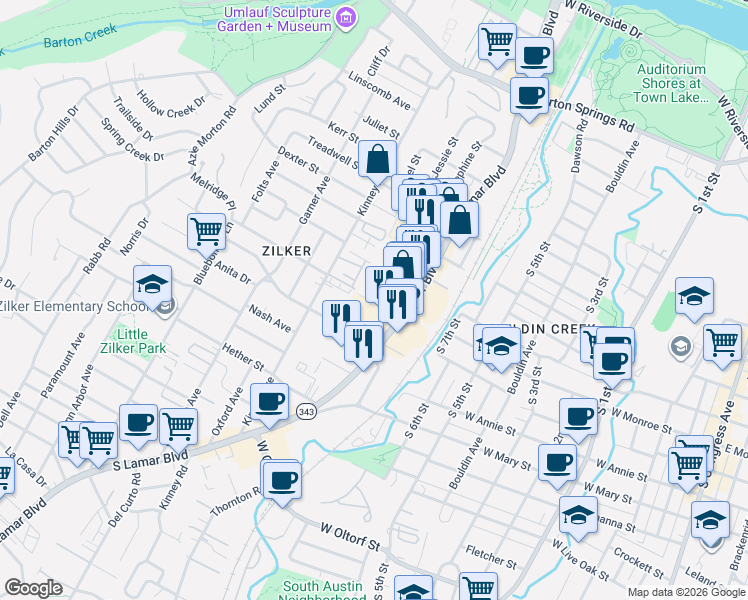 map of restaurants, bars, coffee shops, grocery stores, and more near 1414 South Lamar Boulevard in Austin