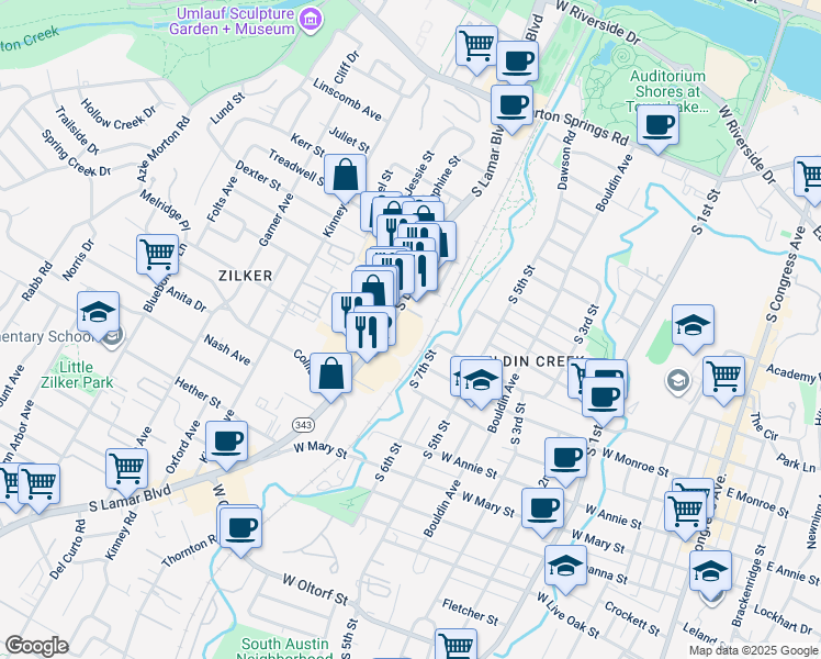 map of restaurants, bars, coffee shops, grocery stores, and more near 1311 South Lamar Boulevard in Austin