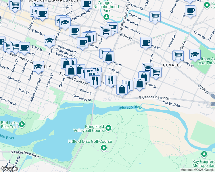 map of restaurants, bars, coffee shops, grocery stores, and more near 2901 East 2nd Street in Austin