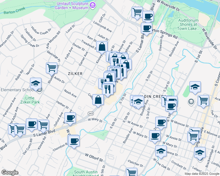 map of restaurants, bars, coffee shops, grocery stores, and more near 1342 Lamar Square Drive in Austin