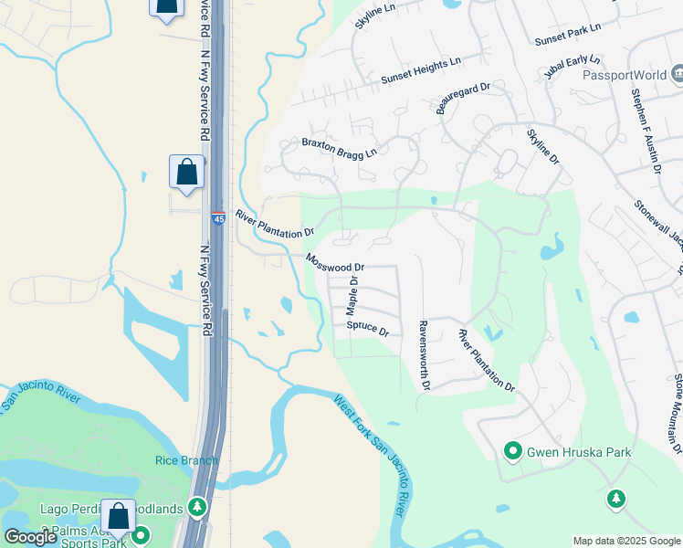 map of restaurants, bars, coffee shops, grocery stores, and more near 592 Mosswood Drive in Conroe
