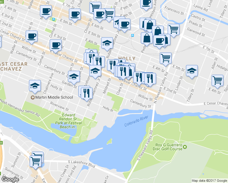 map of restaurants, bars, coffee shops, grocery stores, and more near 2314 Canterbury Street in Austin