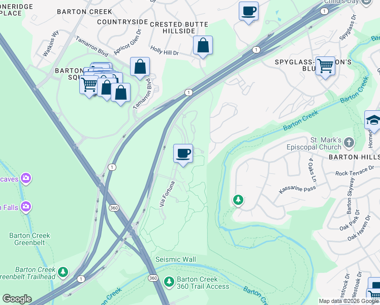 map of restaurants, bars, coffee shops, grocery stores, and more near 2301 South MoPac Expressway in Austin