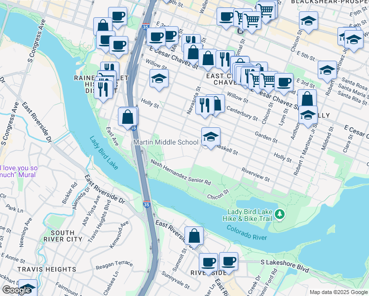 map of restaurants, bars, coffee shops, grocery stores, and more near 41 Navasota Street in Austin