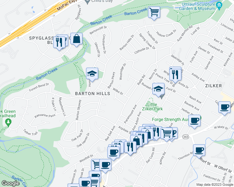 map of restaurants, bars, coffee shops, grocery stores, and more near 2101 Airole Way in Austin