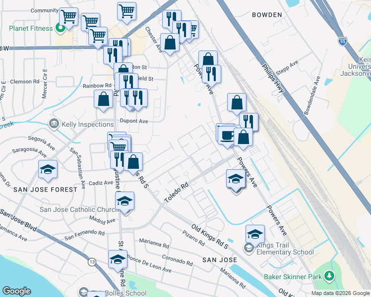 map of restaurants, bars, coffee shops, grocery stores, and more near 6550 Mission Court in Jacksonville