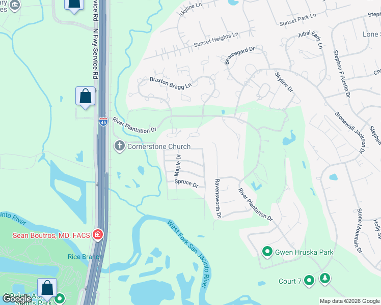 map of restaurants, bars, coffee shops, grocery stores, and more near 608 Mosswood Drive in Conroe