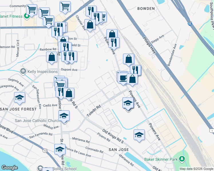 map of restaurants, bars, coffee shops, grocery stores, and more near 6601 Bell Tower Court in Jacksonville
