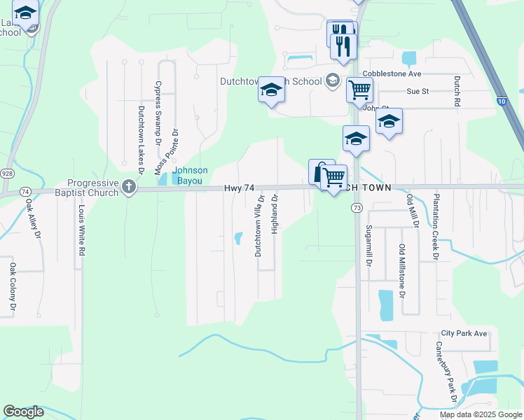 map of restaurants, bars, coffee shops, grocery stores, and more near 12471 Highland Drive in Geismar