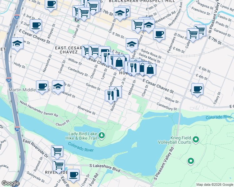 map of restaurants, bars, coffee shops, grocery stores, and more near 2114 Garden Street in Austin