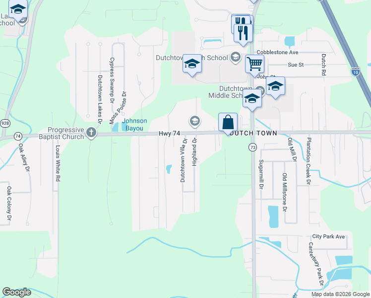 map of restaurants, bars, coffee shops, grocery stores, and more near 12468 Dutchtown Villa Drive in Geismar