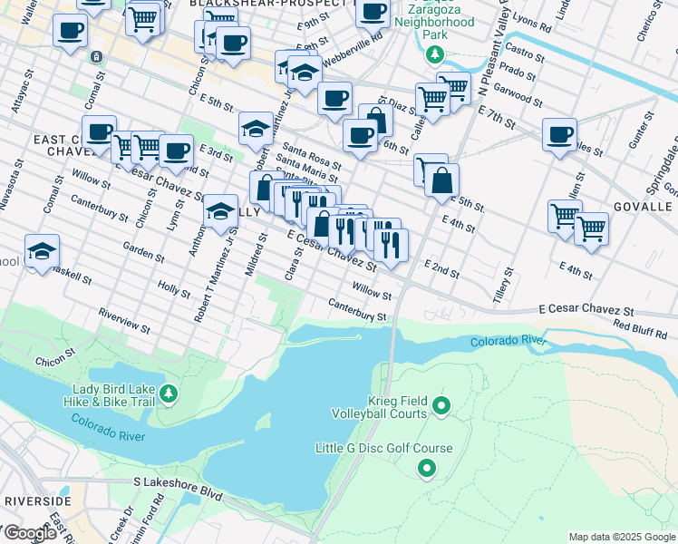 map of restaurants, bars, coffee shops, grocery stores, and more near 2512 Willow Street in Austin