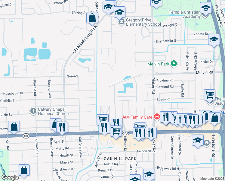 map of restaurants, bars, coffee shops, grocery stores, and more near 4734 Playpen Drive in Jacksonville