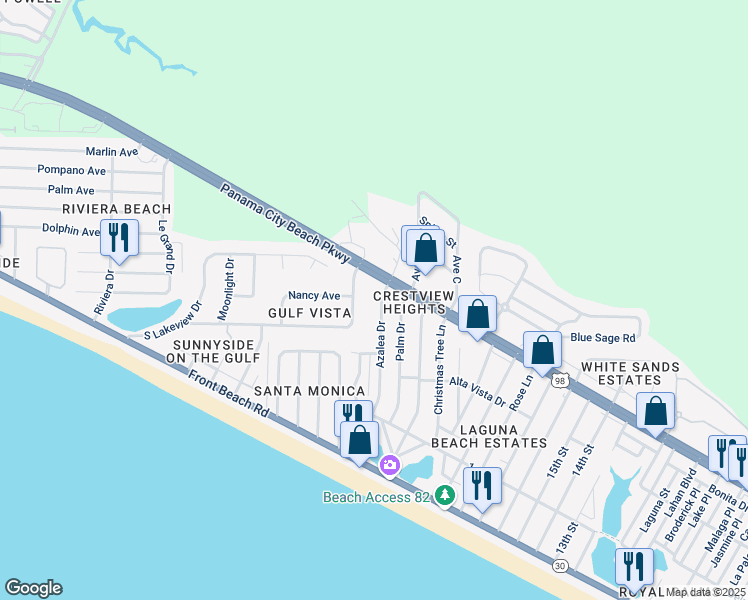 map of restaurants, bars, coffee shops, grocery stores, and more near 359 Azalea Drive in Panama City Beach