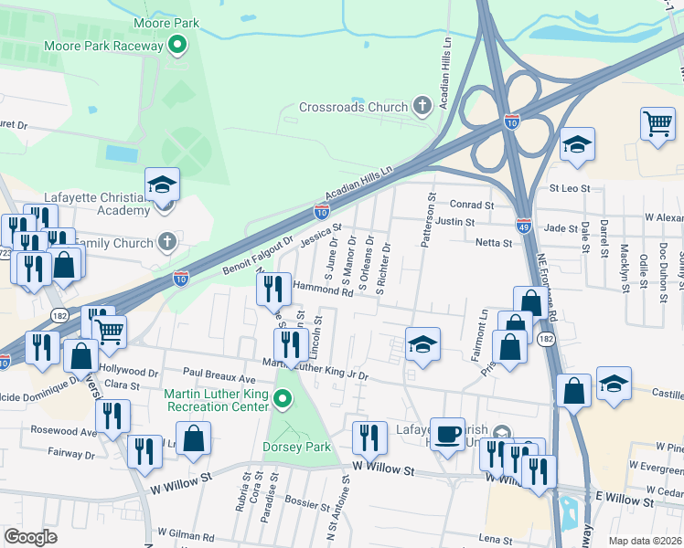 map of restaurants, bars, coffee shops, grocery stores, and more near 140 S Manor Dr in Lafayette