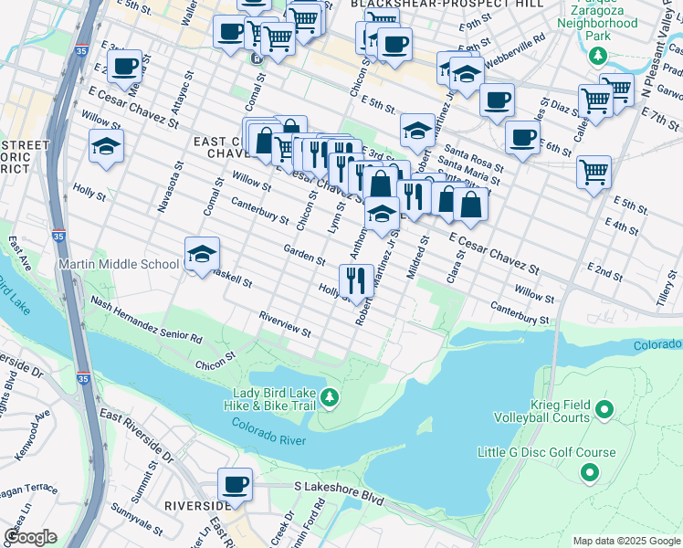map of restaurants, bars, coffee shops, grocery stores, and more near 2015 Garden Street in Austin