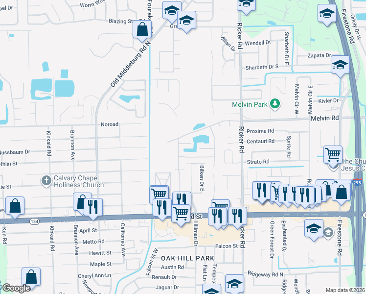 map of restaurants, bars, coffee shops, grocery stores, and more near 4727 Playpen Drive in Jacksonville
