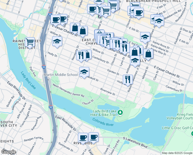 map of restaurants, bars, coffee shops, grocery stores, and more near 1704 Haskell Street in Austin