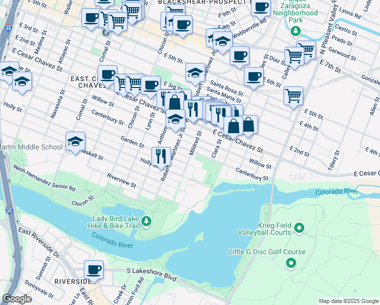 map of restaurants, bars, coffee shops, grocery stores, and more near 2225 Canterbury Street in Austin