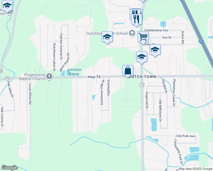 map of restaurants, bars, coffee shops, grocery stores, and more near 12471 Highland Drive in Geismar