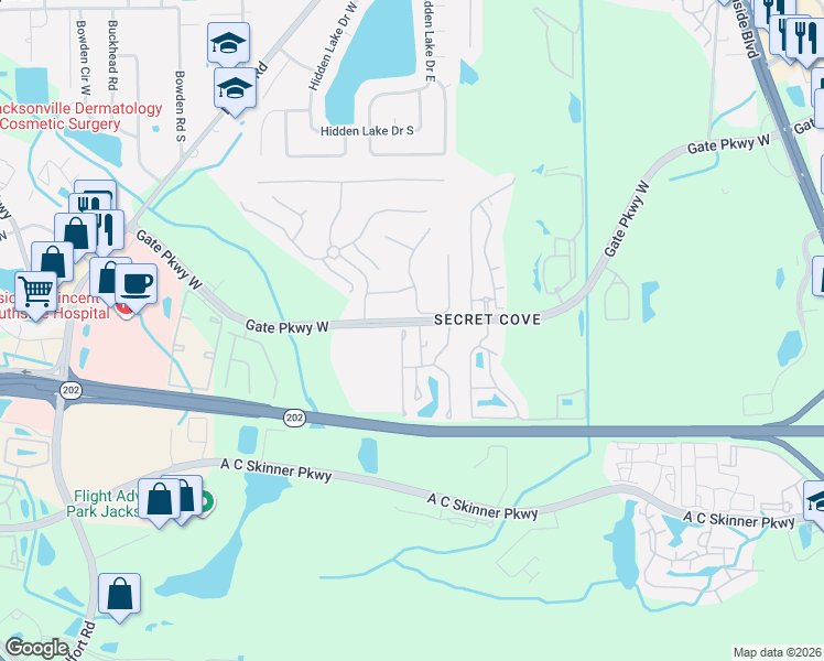 map of restaurants, bars, coffee shops, grocery stores, and more near 4117 Rolling Ridge Way in Jacksonville